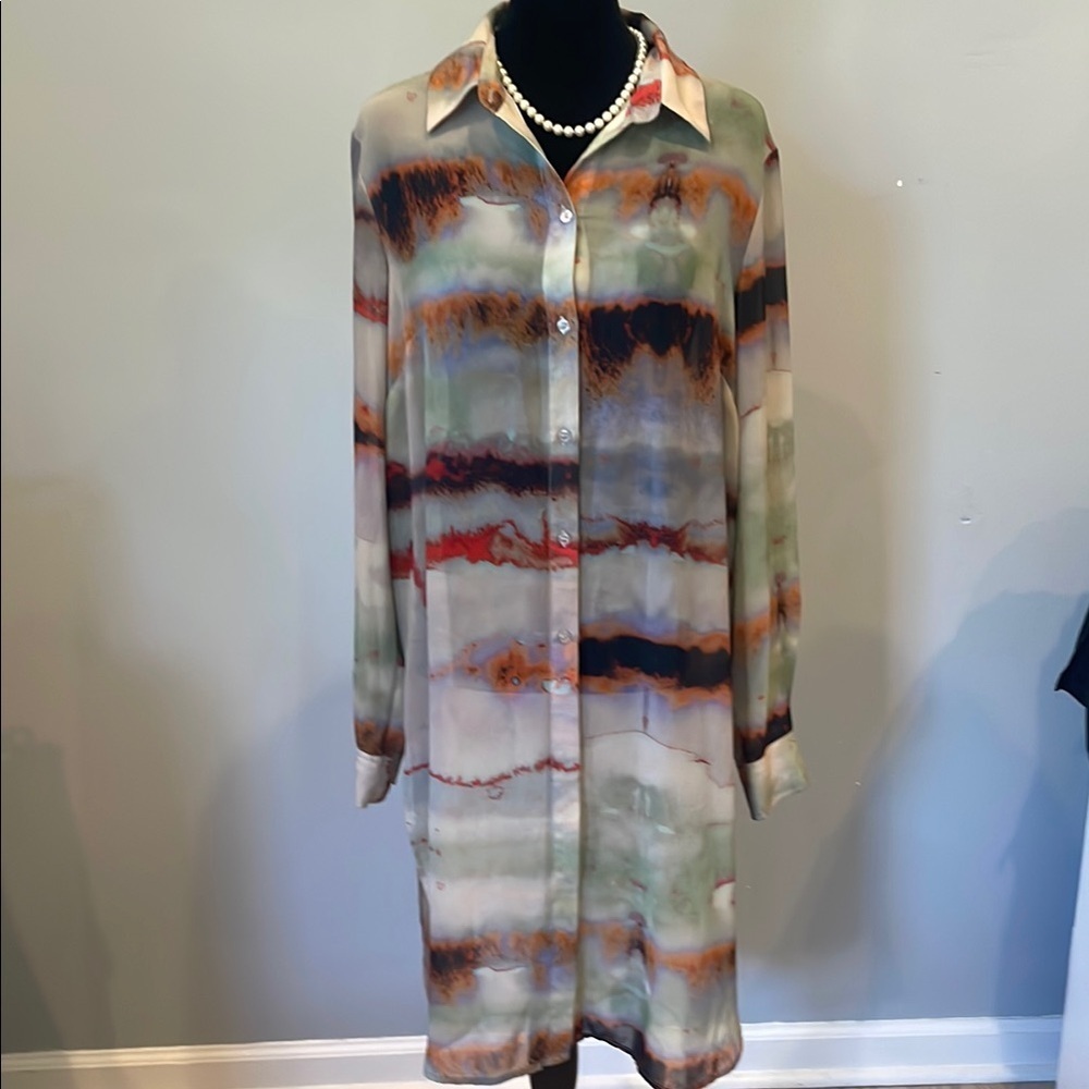 Elegant Multicolor Shirt Dress with side slits sheer fabric
